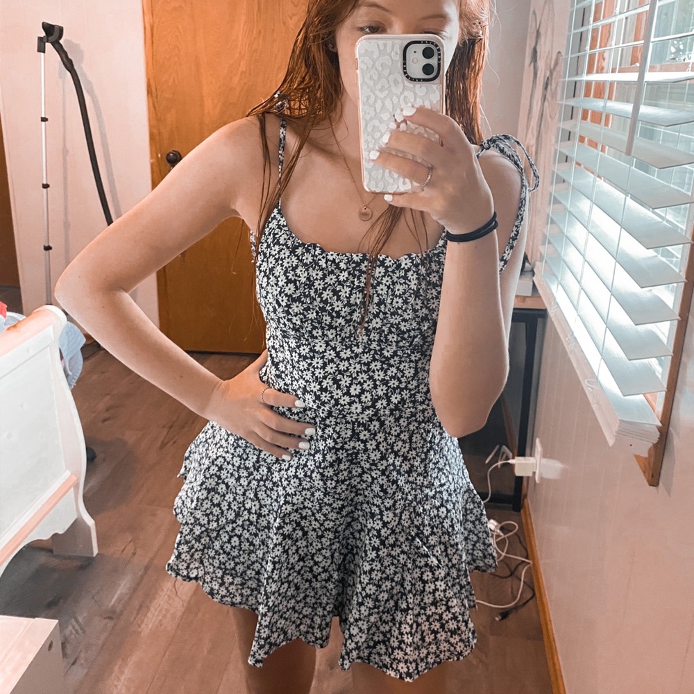 Navy and White Floral Romper